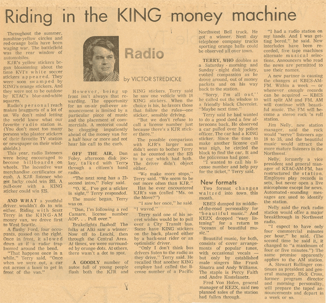 Victor Stredicke, Seattle Times' radio columnist in the 1970's rides with Steve Lawson (AKA Scott Terry) in the KING Radio Money Van, and writes about the experience.