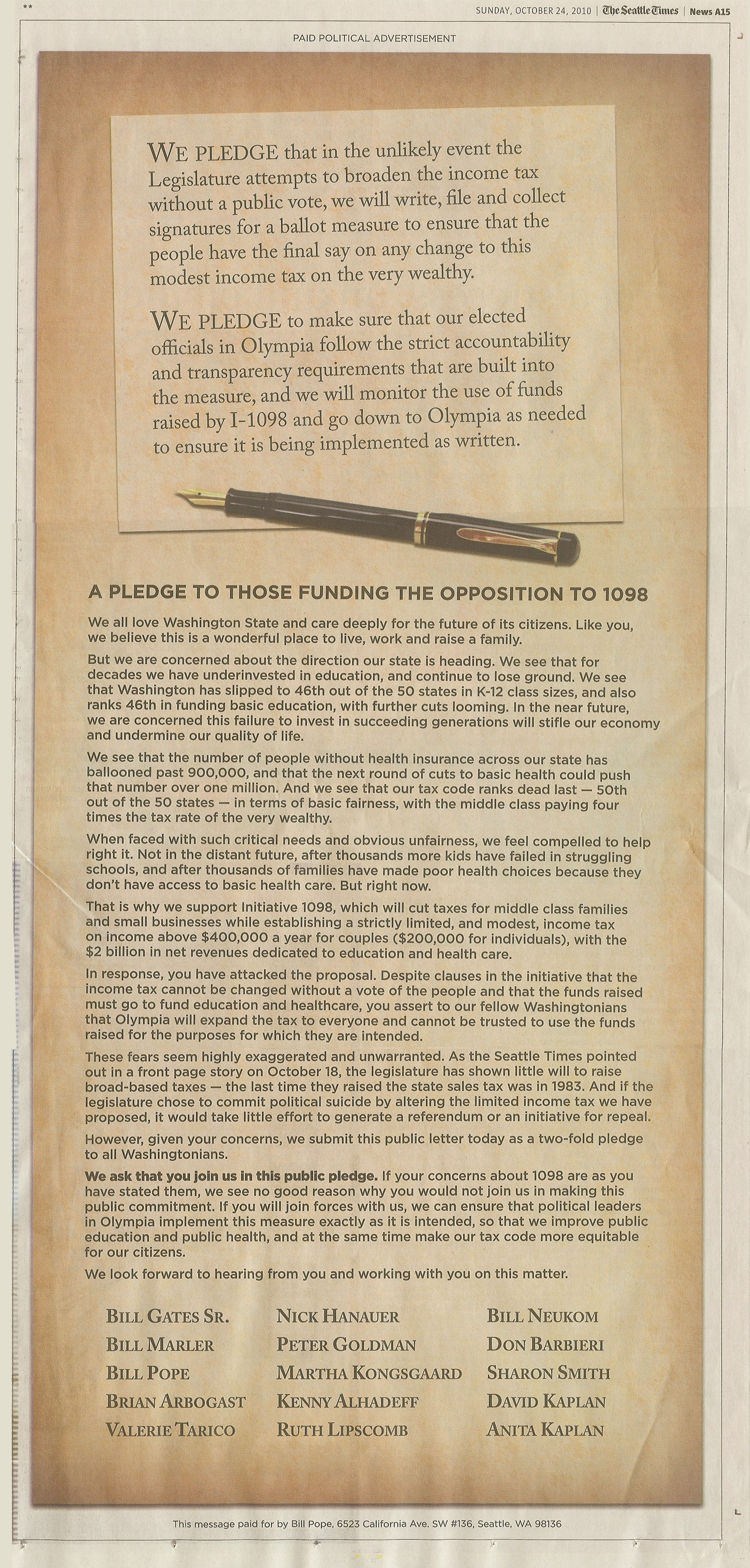 Ad for Inititative 1098 Seattle Times 10-24-2010